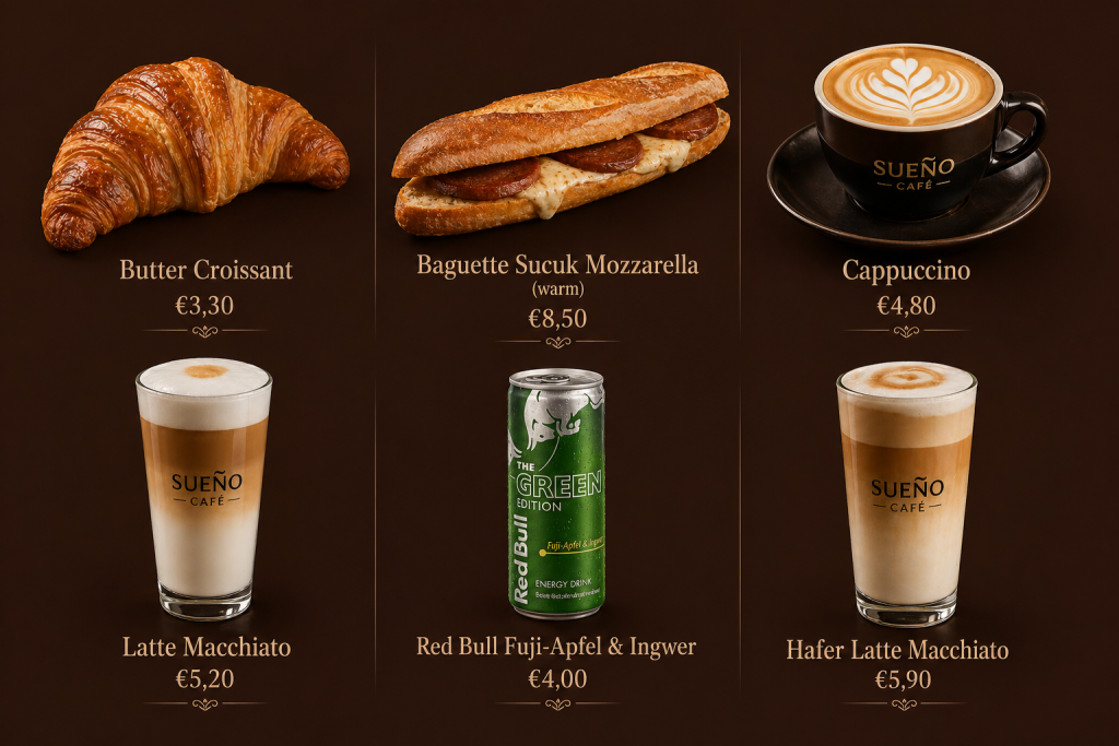 Sueño Café Speisekarte mit Preisen in Deutschland 2 Beliebteste Menupunkte im Coffeeshop Sueno in Deutschland