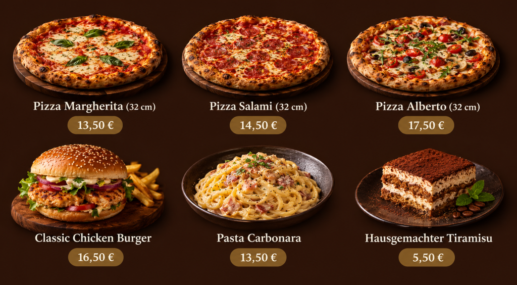 Preise auf der Speisekarte von Alberto's Pizza Deutschland 2 Die beliebtesten Menüpunkte bei Alberto's Pizza in Deutschland